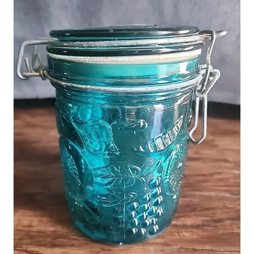 Vintage Aqua  Wired Jar Fruit Design Bail Type Lighting Jar Canning Decor